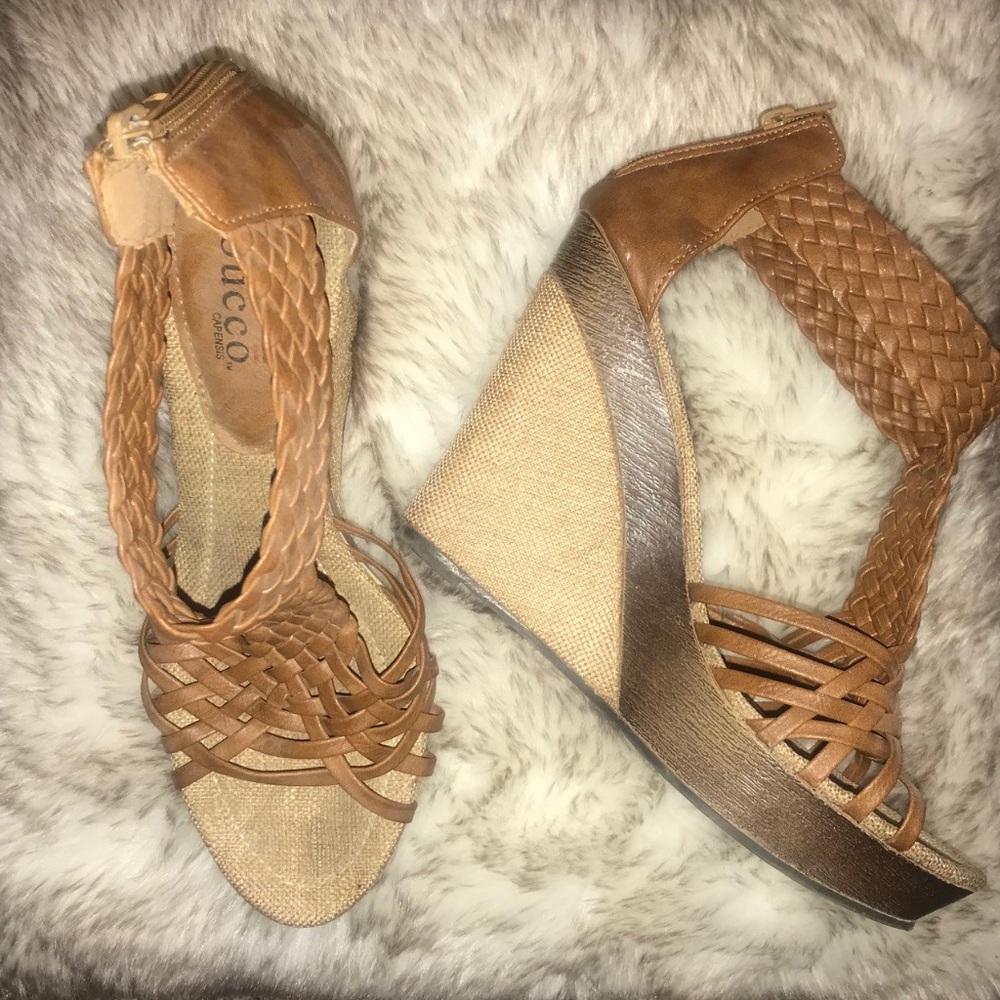 Woven faux leather wedges